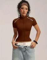 Camiseta Deportiva Fit con Cremallera Frontal – Marrón Ref. 2590 - Imagen 4